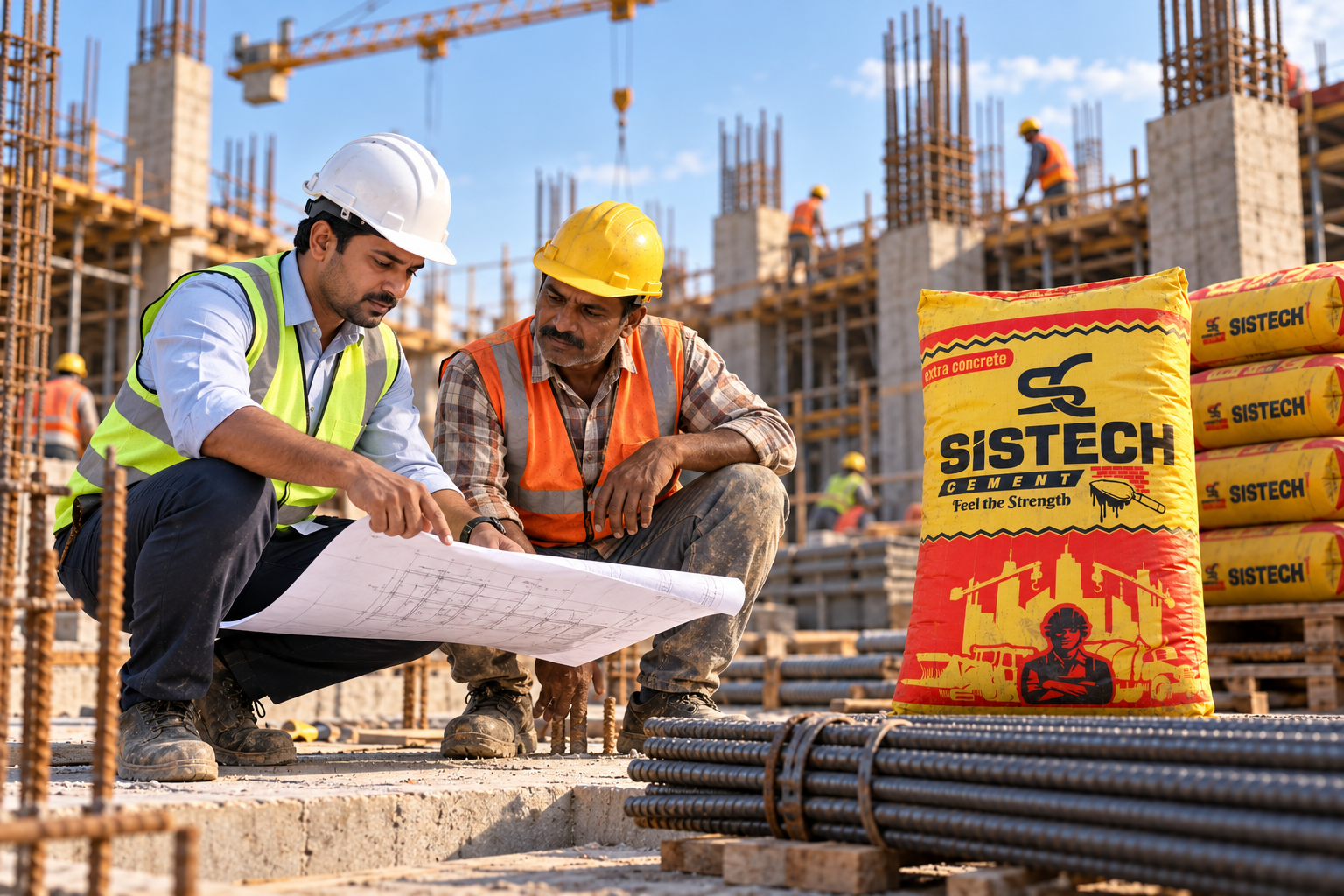 Engineer and contractor reviewing construction plans beside SISTECH cement and TMT materials