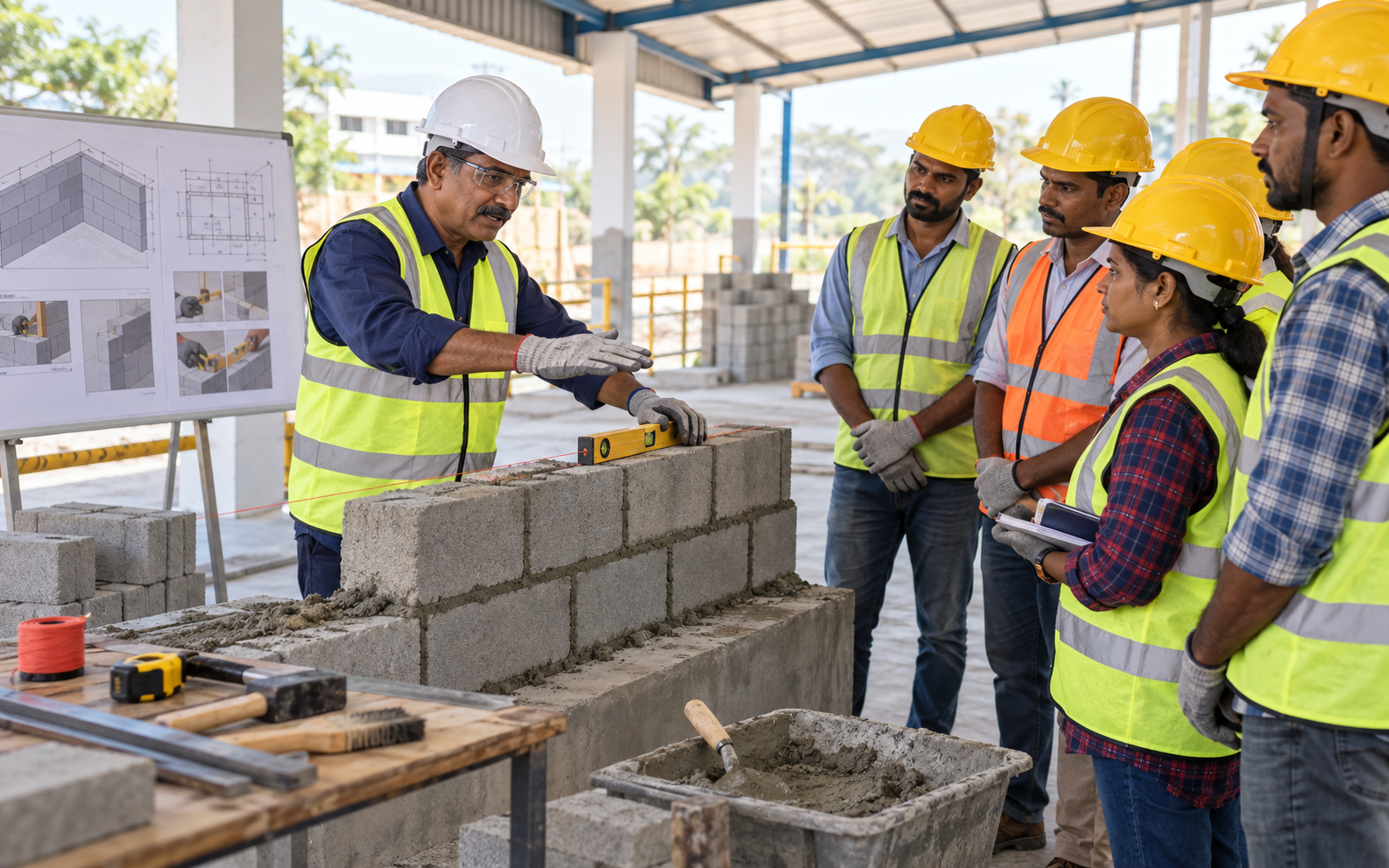 Technical trainer conducting a safe masonry skill-development session