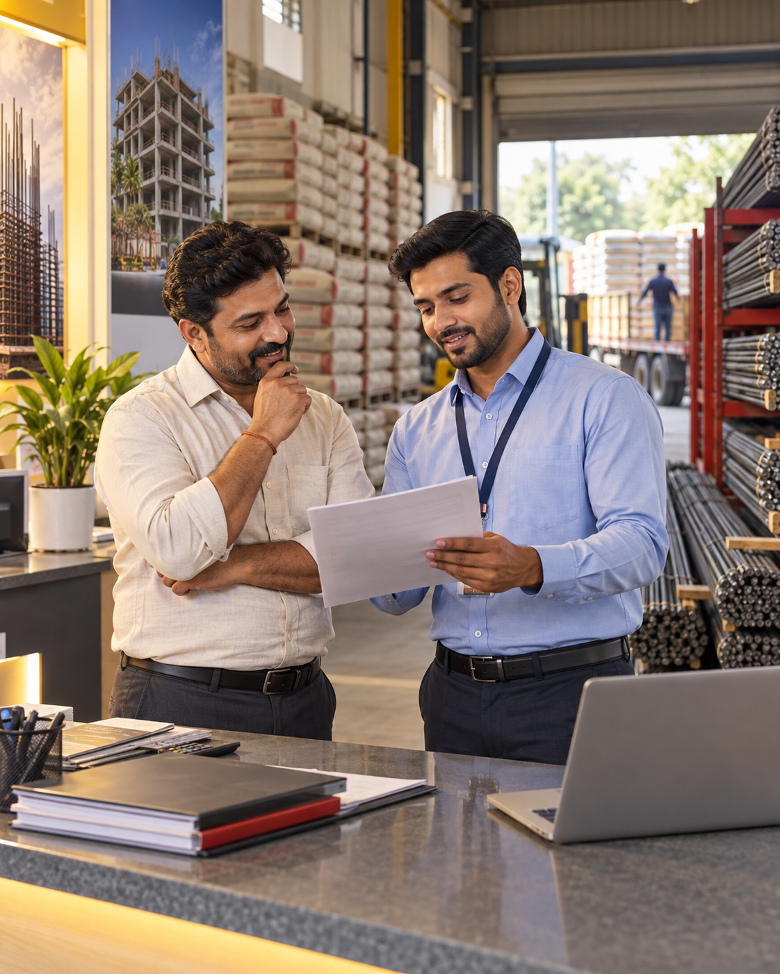 Building materials dealer discussing partnership details with a representative