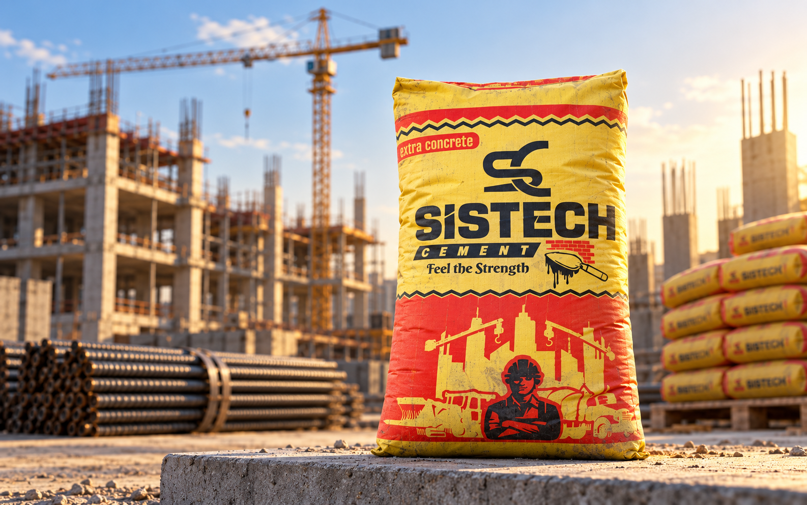 SISTECH branded cement bag at a construction site