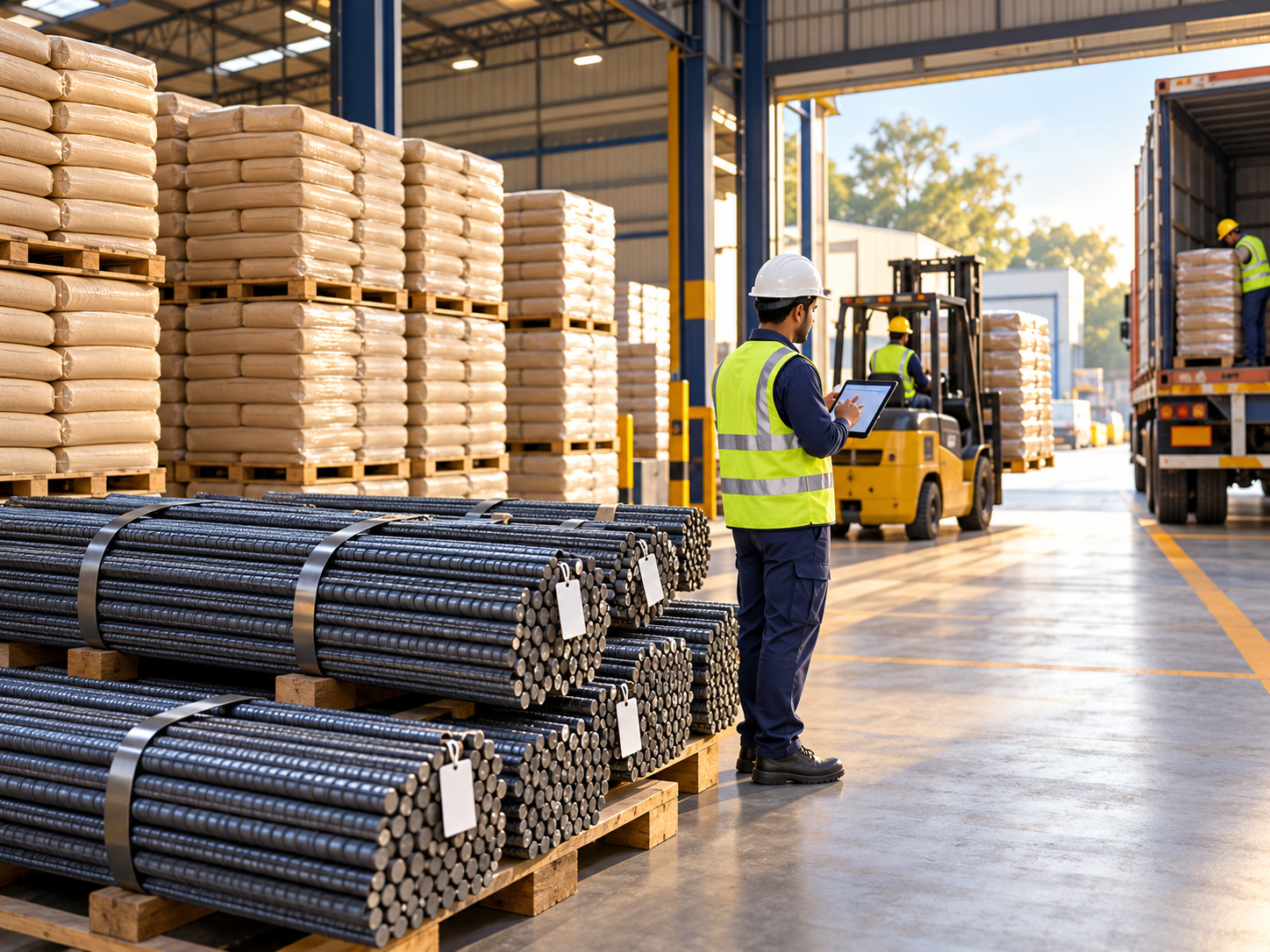 Quality-controlled cement and TMT dispatch at an organised warehouse