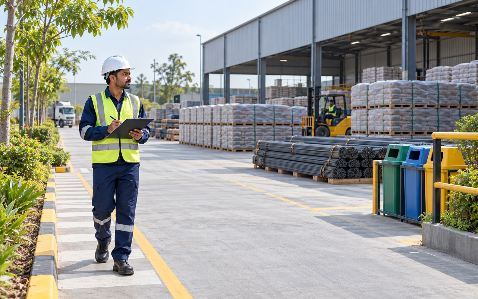 Safety supervisor reviewing responsible material handling at a construction materials facility